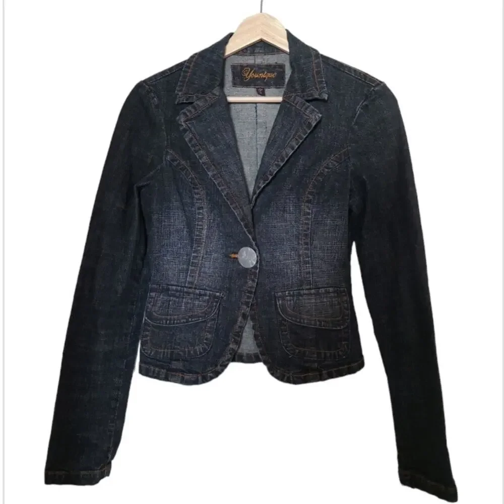 Younique Black Denim Blazer Tailored Jacket S Structured Workwear Casual Edgy